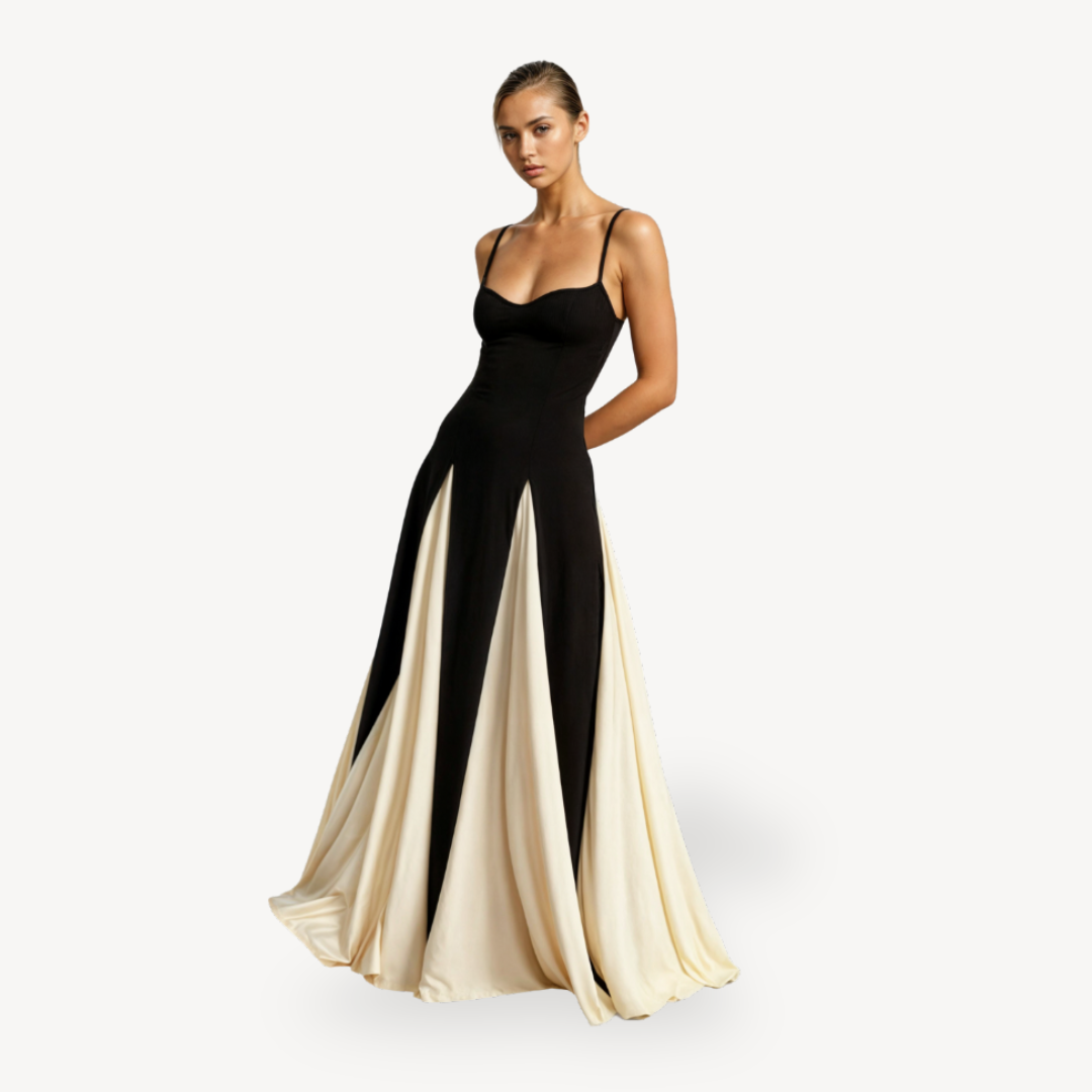 "Elegant women's satin maxi dress with spaghetti straps, black and ivory, flowing skirt, perfect for formal occasions."