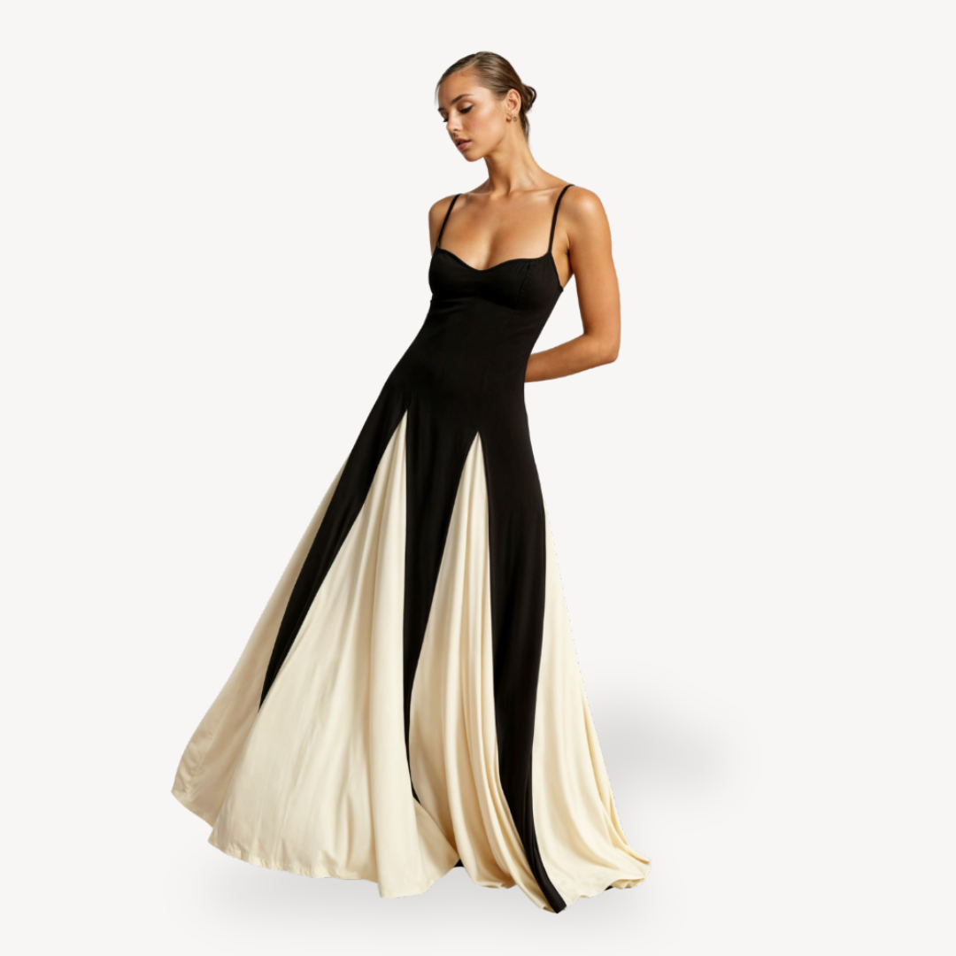 "Elegant women's satin maxi dress with spaghetti straps, black and ivory, flowing skirt, perfect for formal occasions."
