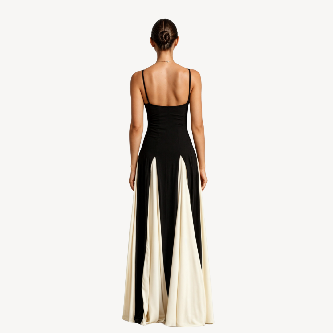 "Elegant women's satin maxi dress with spaghetti straps, black and ivory, flowing skirt, perfect for formal occasions."