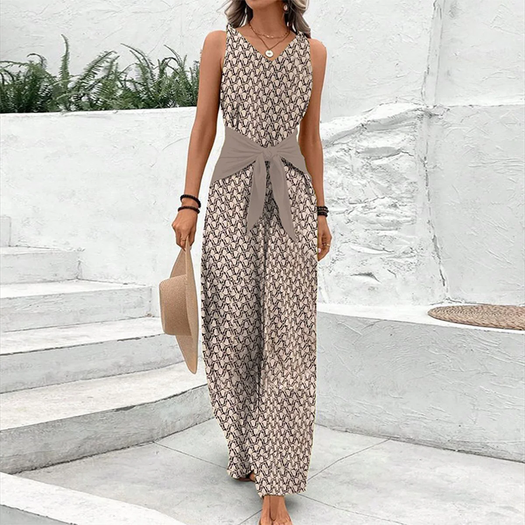 "Elegant women's sleeveless V-neck jumpsuit with adjustable waist, showcasing lightweight fabric and flattering design."