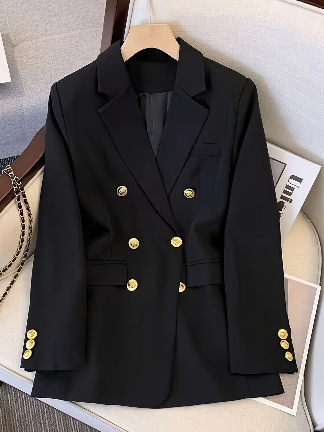 Elegant women's slim blazer with golden buttons, hip-length, long sleeves, in apricot, black, or camel, enhances style.