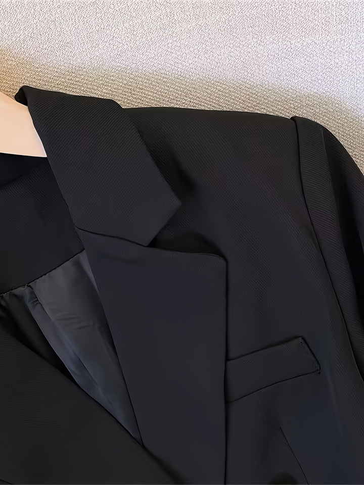Elegant women's slim blazer with golden buttons, hip-length, long sleeves, in apricot, black, or camel, enhances style.
