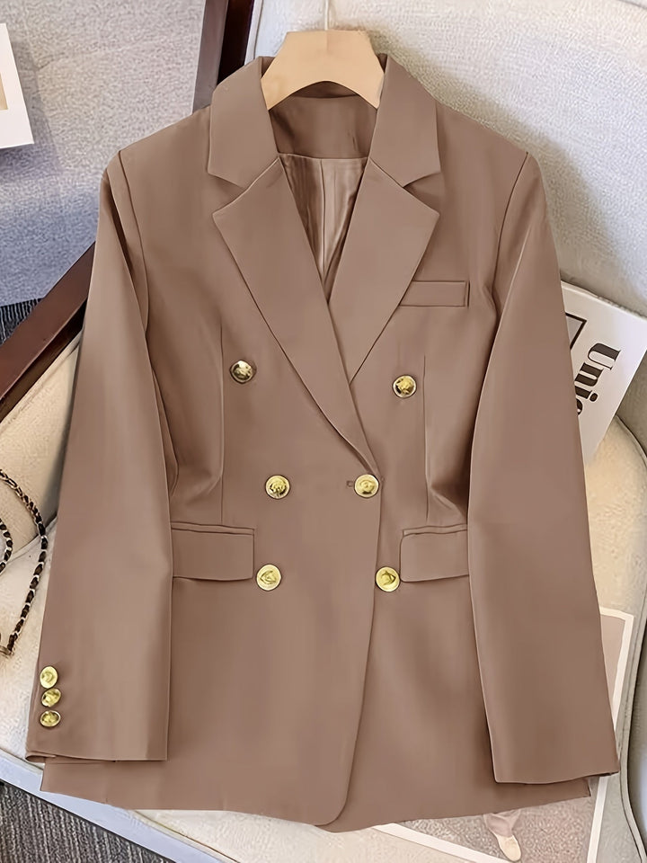 Elegant women's slim blazer with golden buttons, hip-length, long sleeves, in apricot, black, or camel, enhances style.