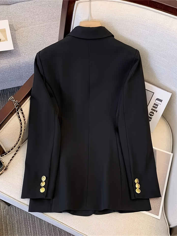 Elegant women's slim blazer with golden buttons, hip-length, long sleeves, in apricot, black, or camel, enhances style.