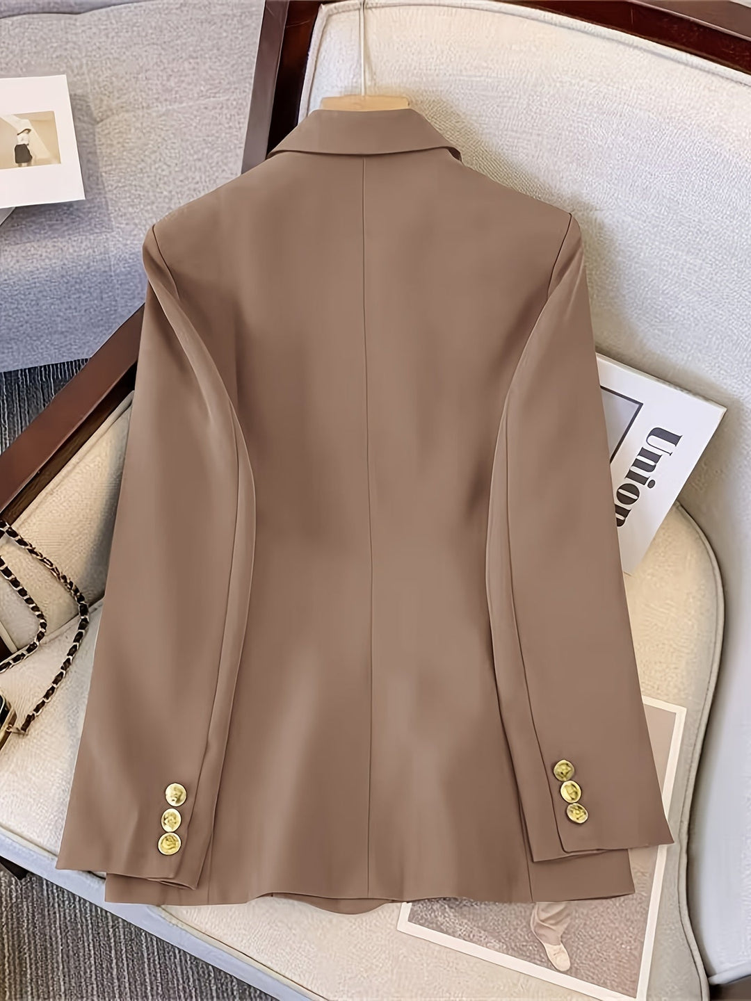 Elegant women's slim blazer with golden buttons, hip-length, long sleeves, in apricot, black, or camel, enhances style.