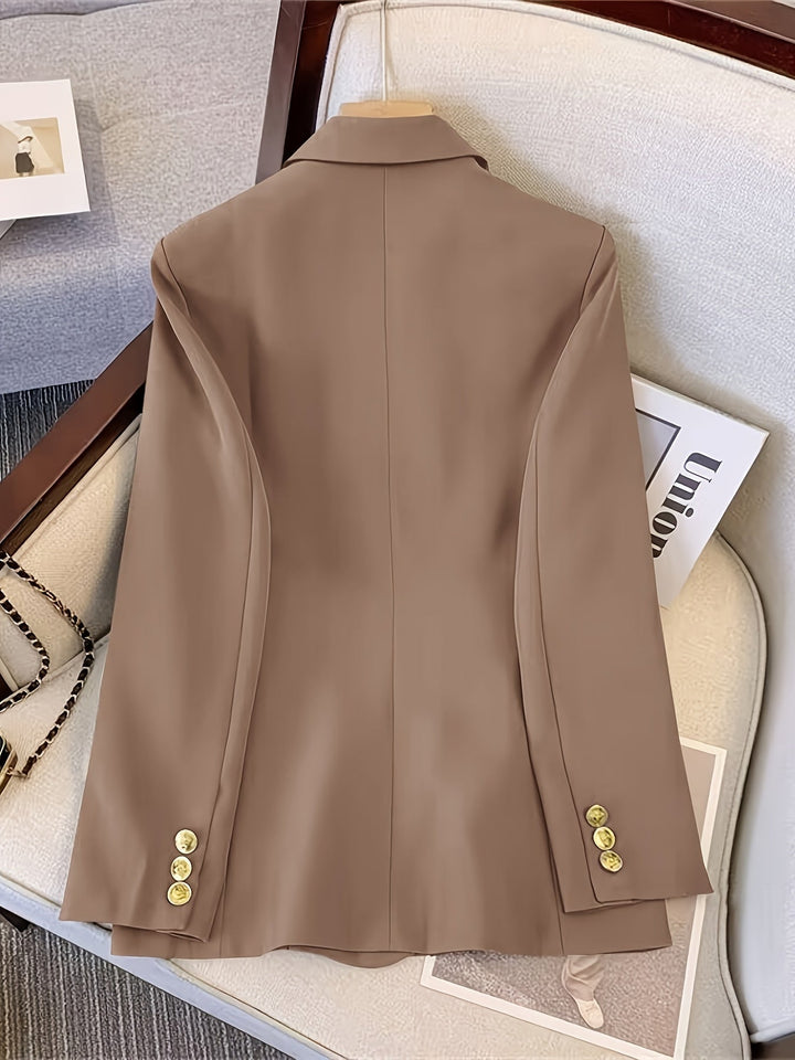 Elegant women's slim blazer with golden buttons, hip-length, long sleeves, in apricot, black, or camel, enhances style.