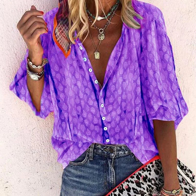 Elegant women's summer blouse with airy fit, versatile design; ideal for chic warm-weather outings and casual gatherings.