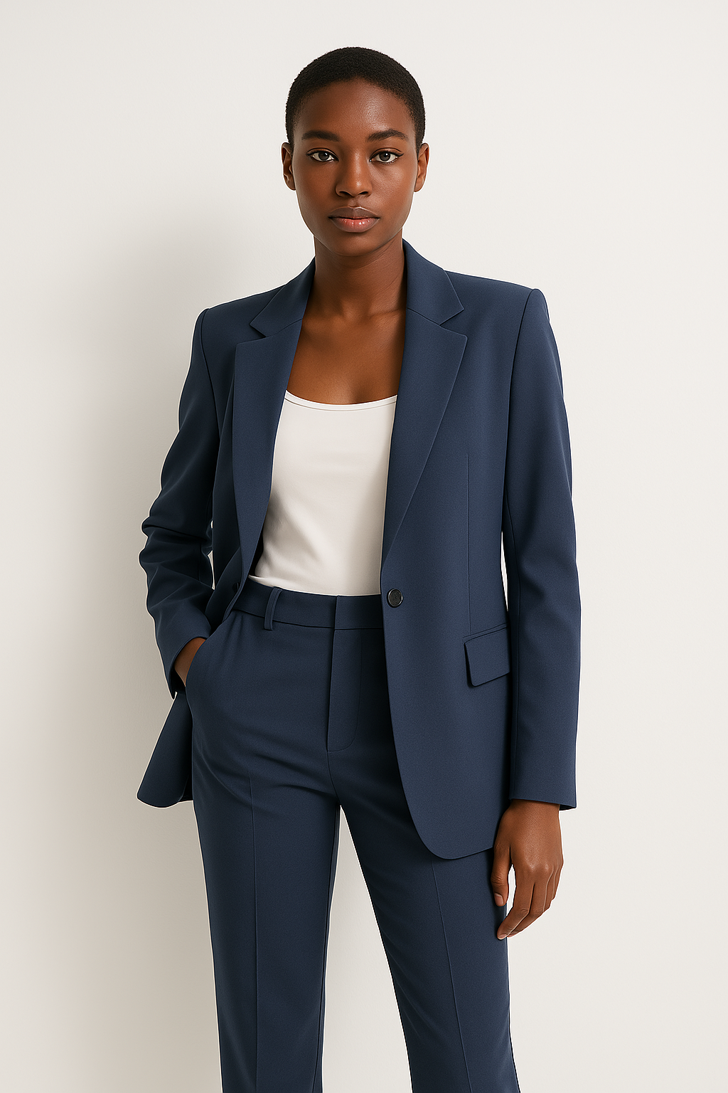 "Elegant women's tailored blazer and trousers set, sleek polyester with sharp lapels, ideal for business and casual wear."