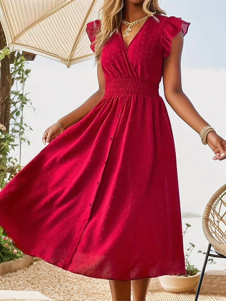 "Elegant Women's V-Neck Midi Dress with ruffle sleeves, smocked waist, dotted pattern, button-down front for casual style."
