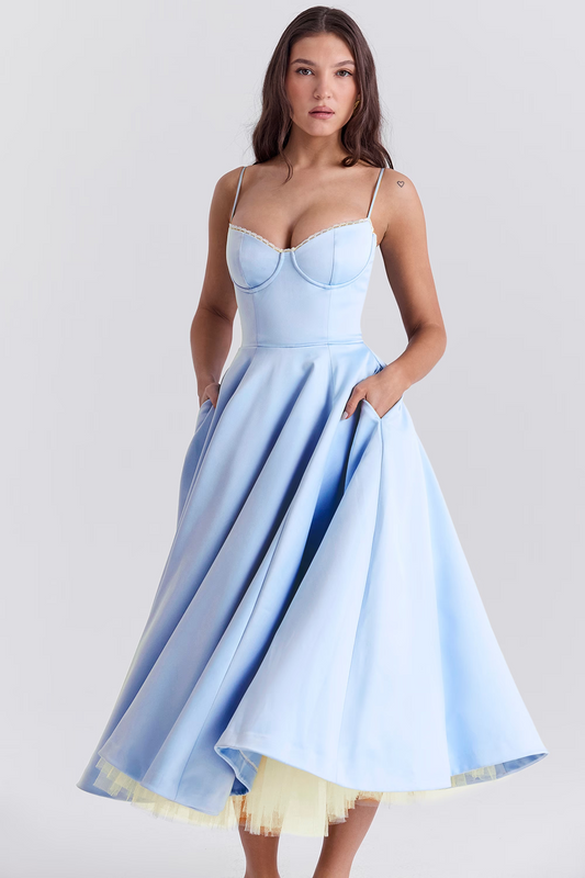 Elegant women's vintage midi dress with corset bodice and flowing skirt, featuring lace trim and romantic silhouette.