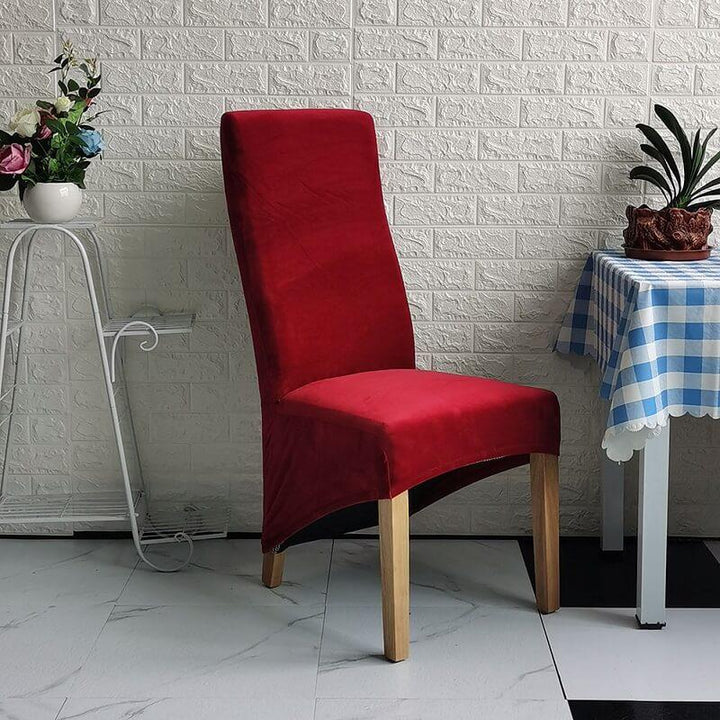 Elegant XL stretch velvet dining chair cover in camel, showcases plush velvet texture, ideal for home or events, fits armless