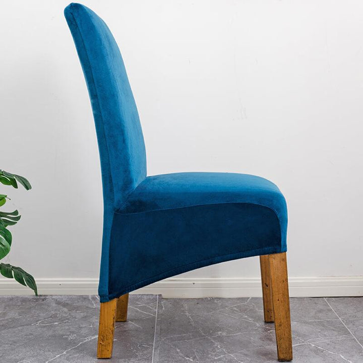 Elegant XL stretch velvet dining chair cover in camel, showcases plush velvet texture, ideal for home or events, fits armless