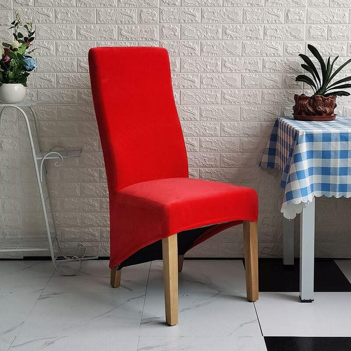 Elegant XL stretch velvet dining chair cover in camel, showcases plush velvet texture, ideal for home or events, fits armless