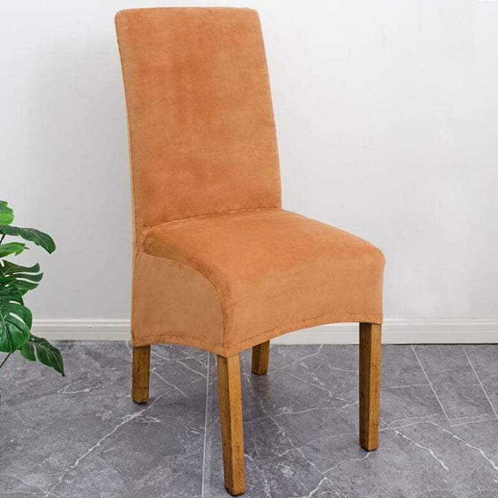 Elegant XL stretch velvet dining chair cover in camel, showcases plush velvet texture, ideal for home or events, fits armless