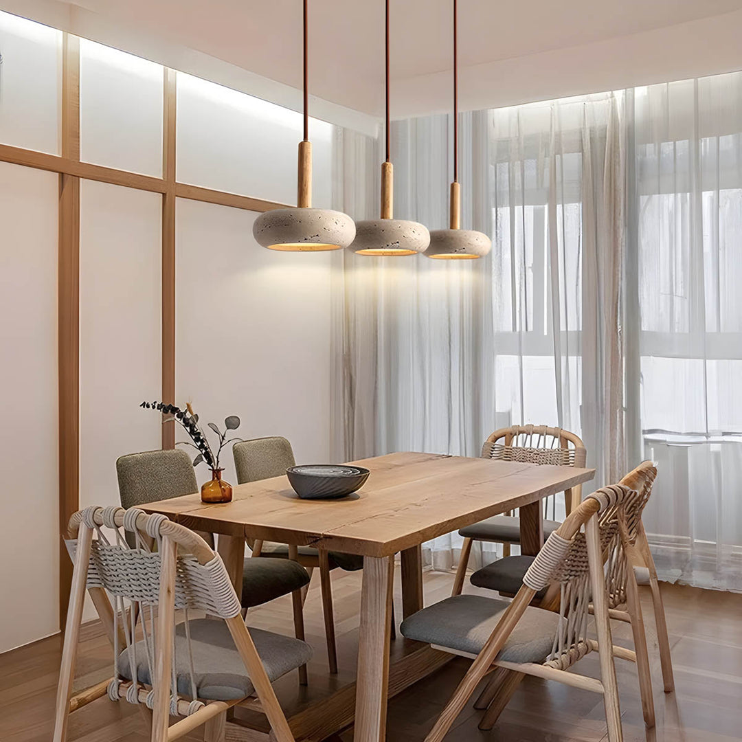 "Elegant yellow travertine pendant light with LED, natural stone texture, perfect for modern interior decor lighting."