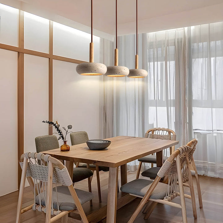 "Elegant yellow travertine pendant light with LED, natural stone texture, perfect for modern interior decor lighting."