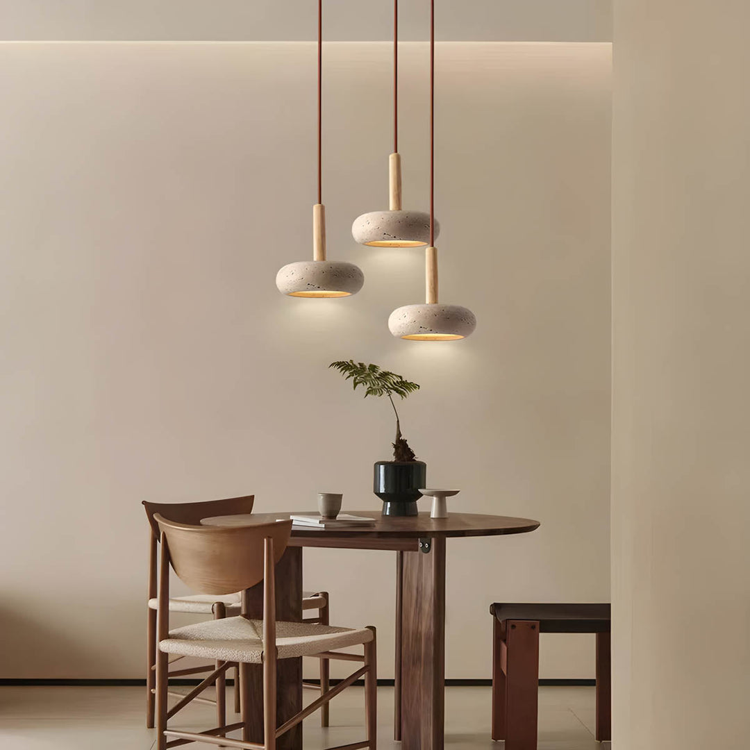 "Elegant yellow travertine pendant light with LED, natural stone texture, perfect for modern interior decor lighting."
