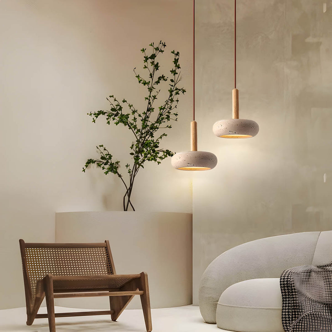 "Elegant yellow travertine pendant light with LED, natural stone texture, perfect for modern interior decor lighting."