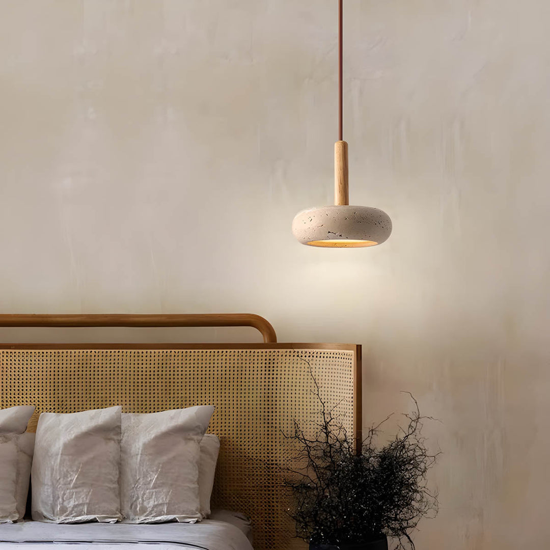 "Elegant yellow travertine pendant light with LED, natural stone texture, perfect for modern interior decor lighting."