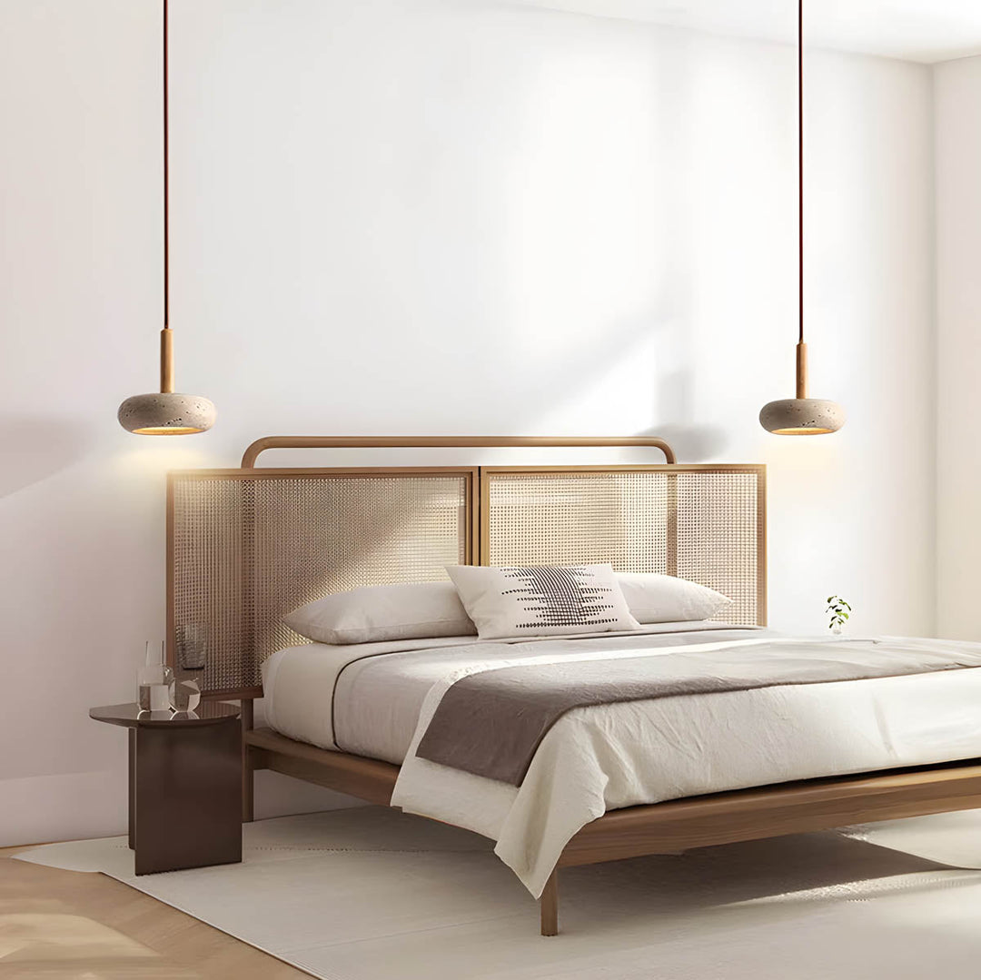 "Elegant yellow travertine pendant light with LED, natural stone texture, perfect for modern interior decor lighting."
