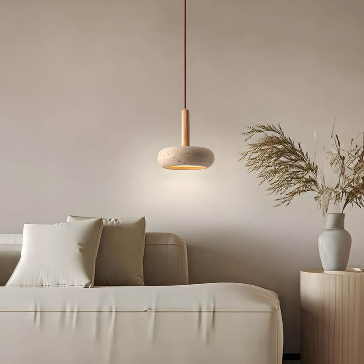 "Elegant yellow travertine pendant light with LED, natural stone texture, perfect for modern interior decor lighting."
