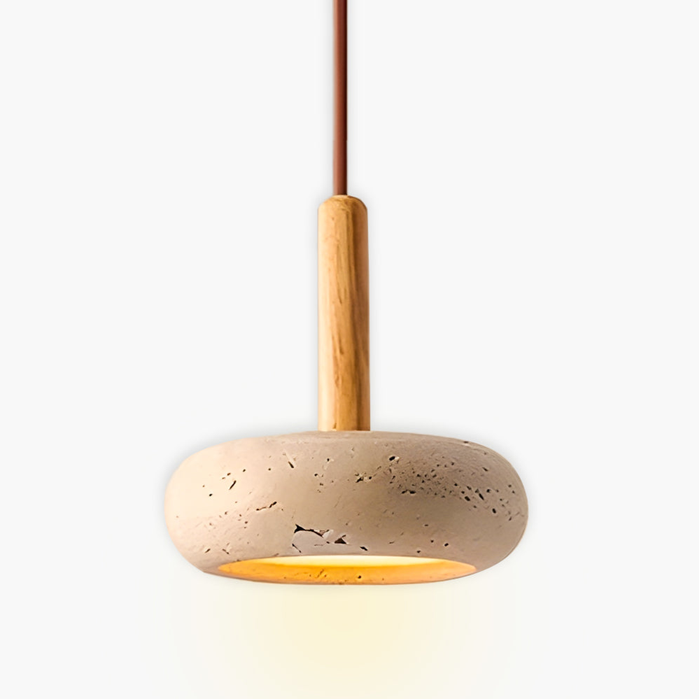 "Elegant yellow travertine pendant light with LED, natural stone texture, perfect for modern interior decor lighting."