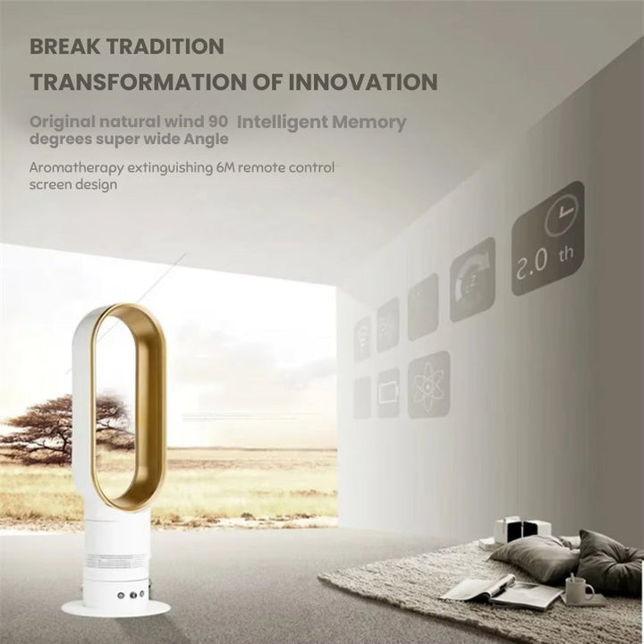 "Energy-efficient bladeless tower fan in gold, featuring sleek design, safe airflow, and wireless remote for modern home comf