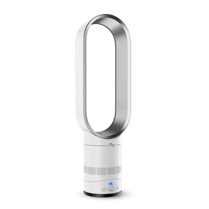 "Energy-efficient bladeless tower fan in gold, featuring sleek design, safe airflow, and wireless remote for modern home comf