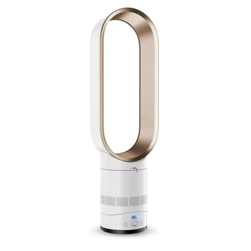 "Energy-efficient bladeless tower fan in gold, featuring sleek design, safe airflow, and wireless remote for modern home comf