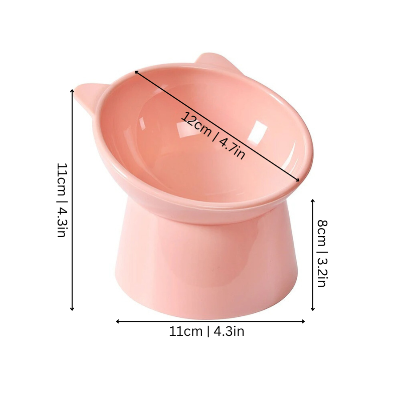 "Ergonomic cat bowl with anti-spill design, 15-degree tilt, high edges, available in pink, green, grey, for pet dining."