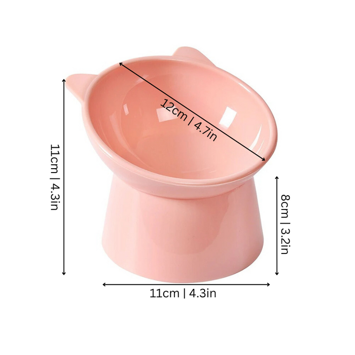 "Ergonomic cat bowl with anti-spill design, 15-degree tilt, high edges, available in pink, green, grey, for pet dining."