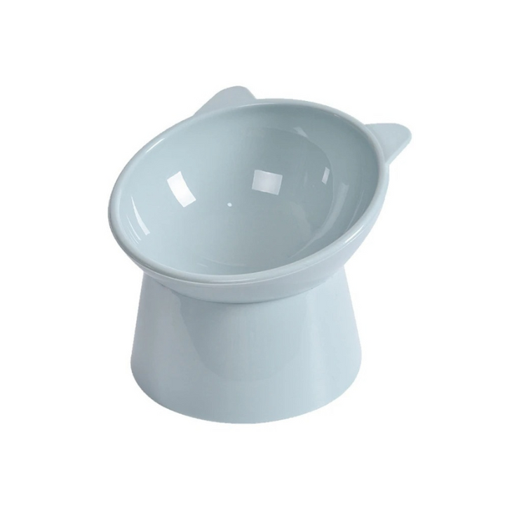 "Ergonomic cat bowl with anti-spill design, 15-degree tilt, high edges, available in pink, green, grey, for pet dining."