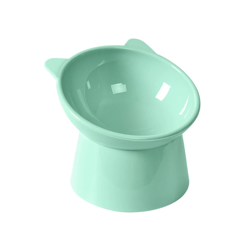 "Ergonomic cat bowl with anti-spill design, 15-degree tilt, high edges, available in pink, green, grey, for pet dining."