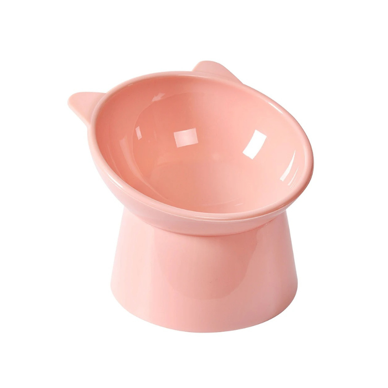 "Ergonomic cat bowl with anti-spill design, 15-degree tilt, high edges, available in pink, green, grey, for pet dining."
