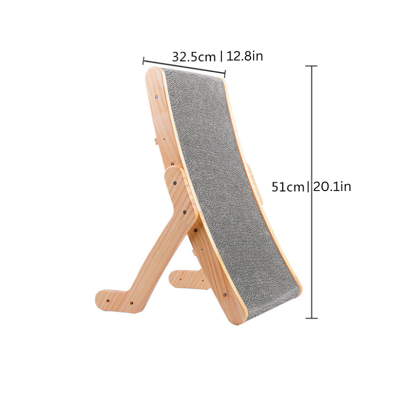 Ergonomic cat scratcher with sleek solid wood frame; curvy design offers comfort and stylish play area for feline exercise.