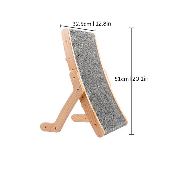 Ergonomic cat scratcher with sleek solid wood frame; curvy design offers comfort and stylish play area for feline exercise.