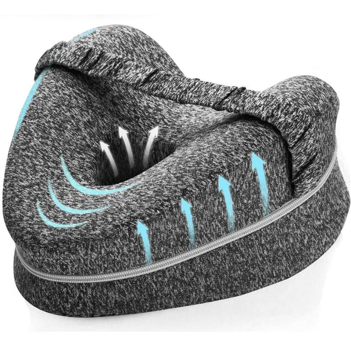 "Ergonomic grey knee pillow for side sleepers, enhancing alignment and comfort with breathable memory foam for spinal health.