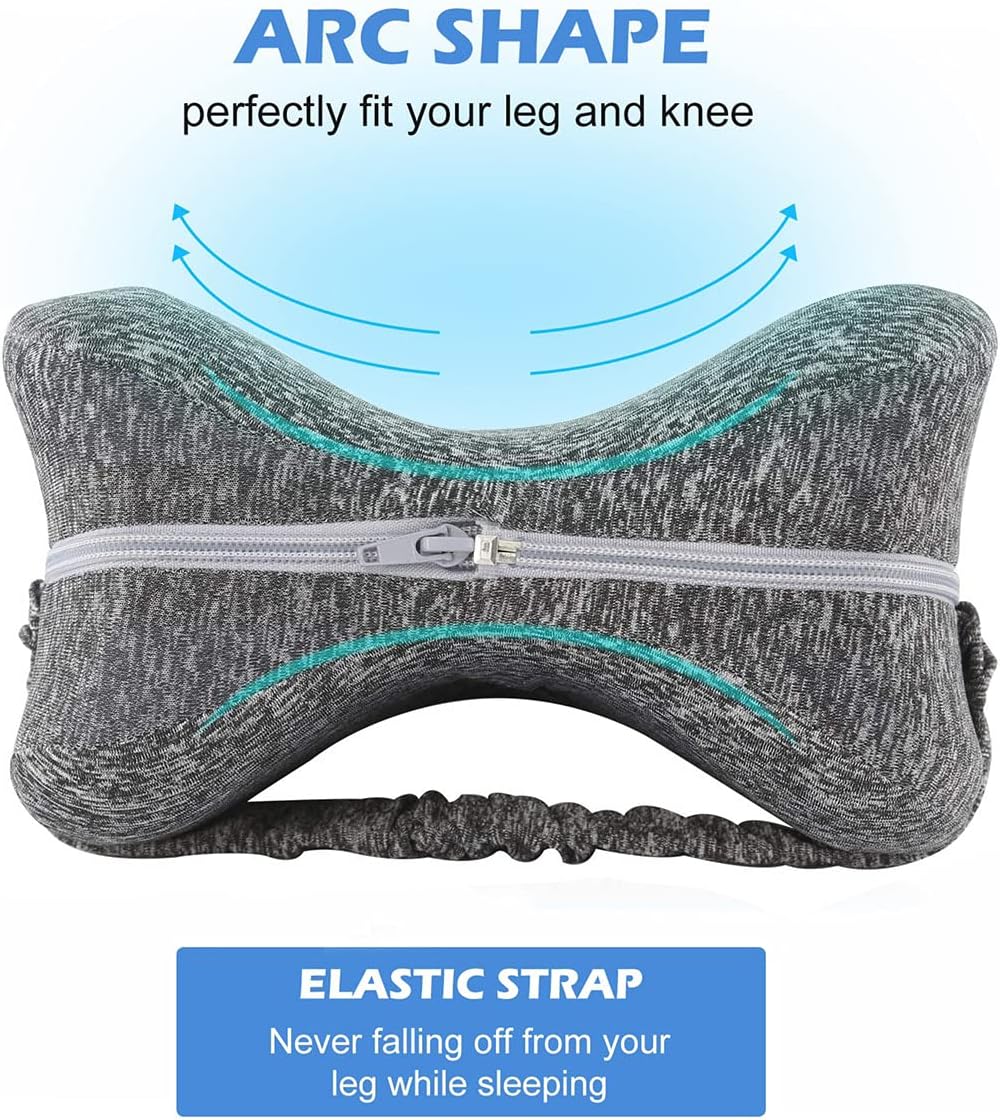 "Ergonomic grey knee pillow for side sleepers, enhancing alignment and comfort with breathable memory foam for spinal health.