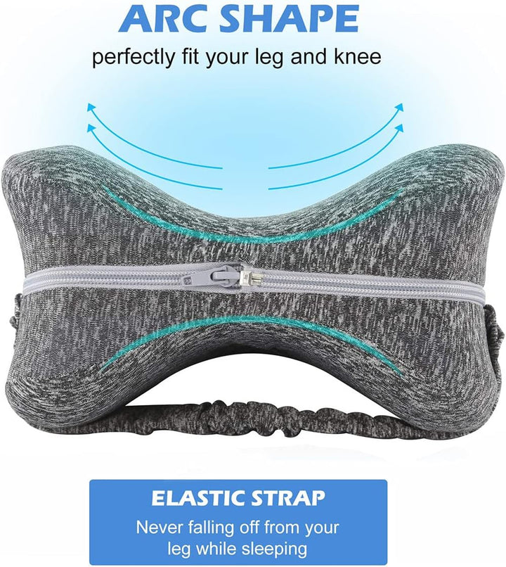"Ergonomic grey knee pillow for side sleepers, enhancing alignment and comfort with breathable memory foam for spinal health.