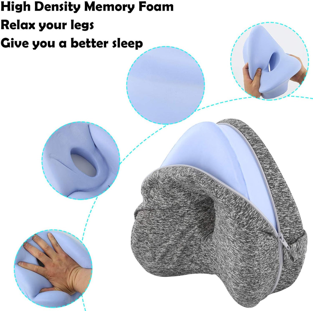 "Ergonomic grey knee pillow for side sleepers, enhancing alignment and comfort with breathable memory foam for spinal health.