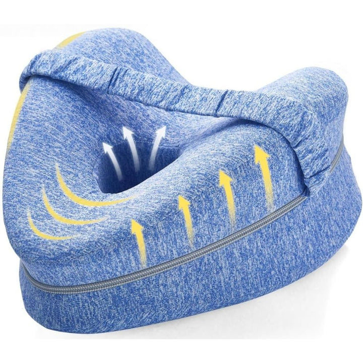 "Ergonomic grey knee pillow for side sleepers, enhancing alignment and comfort with breathable memory foam for spinal health.