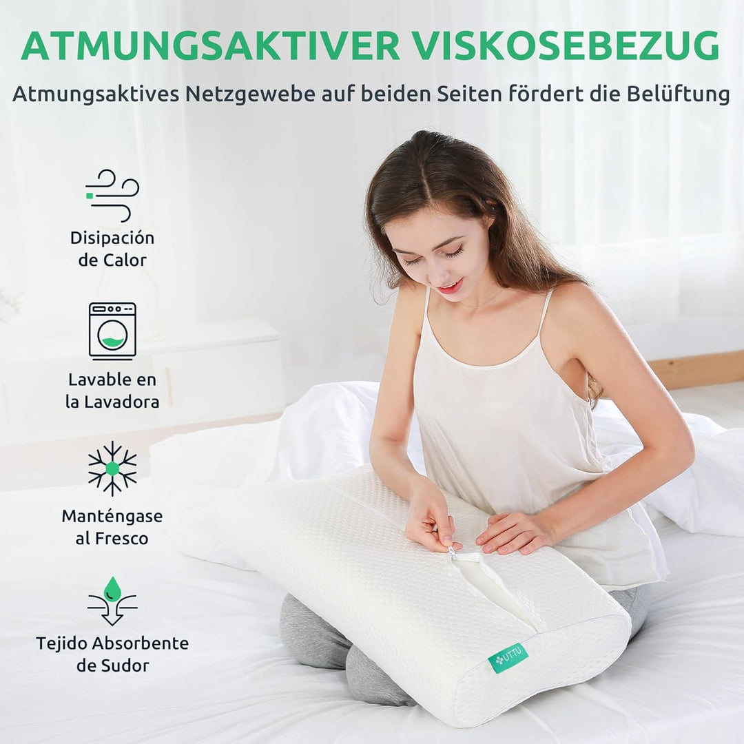 "Ergonomic memory foam pillow providing ultimate neck support with adaptive fit, breathable cover, and cooling technology."