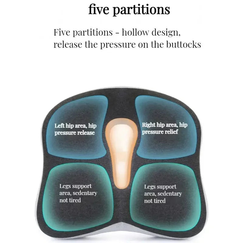 Ergonomic memory foam support cushion for office and car use; contoured design with removable cover for ultimate comfort.