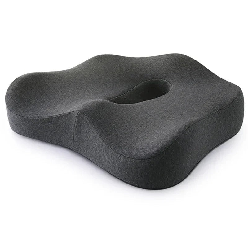 Ergonomic memory foam support cushion for office and car use; contoured design with removable cover for ultimate comfort.