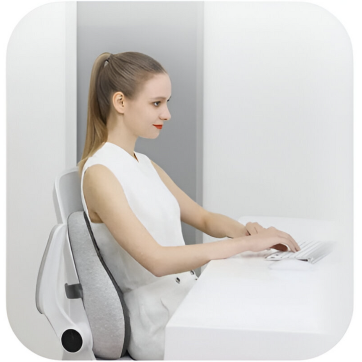 Ergonomic memory foam support cushion for office and car use; contoured design with removable cover for ultimate comfort.