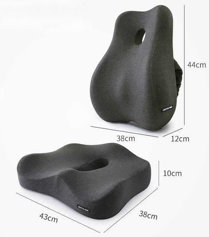 Ergonomic memory foam support cushion for office and car use; contoured design with removable cover for ultimate comfort.