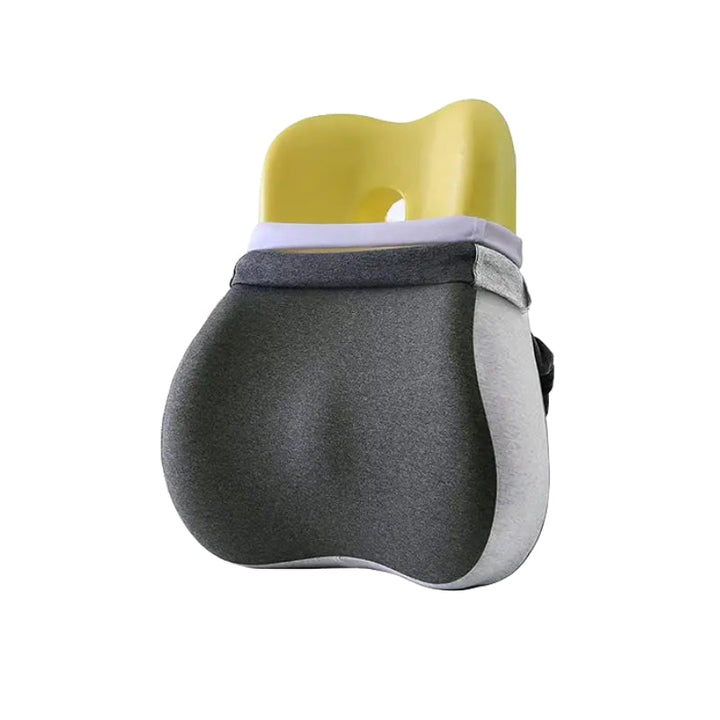Ergonomic memory foam support cushion for office and car use; contoured design with removable cover for ultimate comfort.