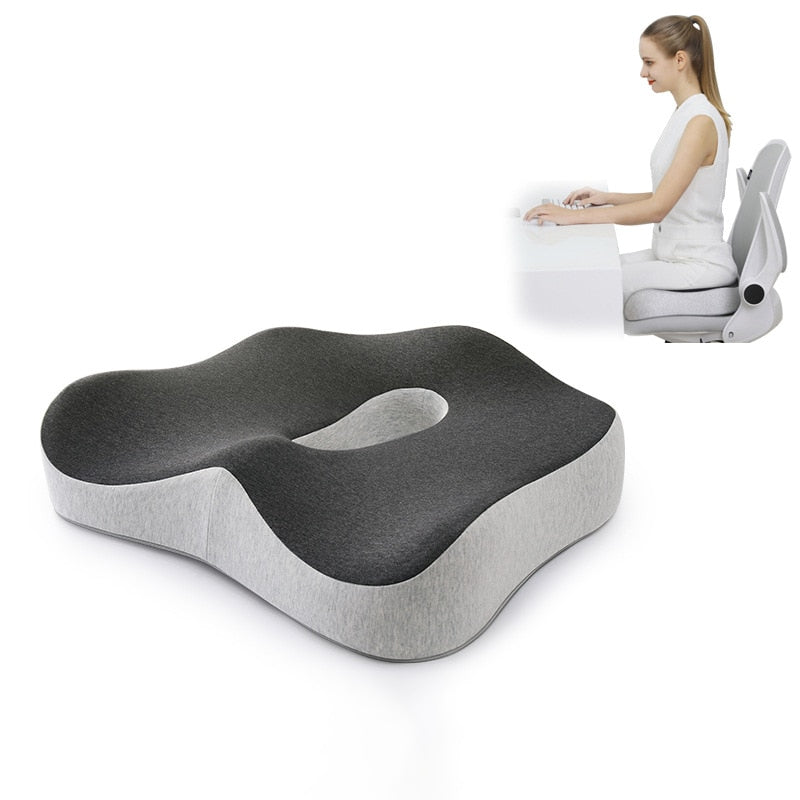 Ergonomic memory foam support cushion for office and car use; contoured design with removable cover for ultimate comfort.
