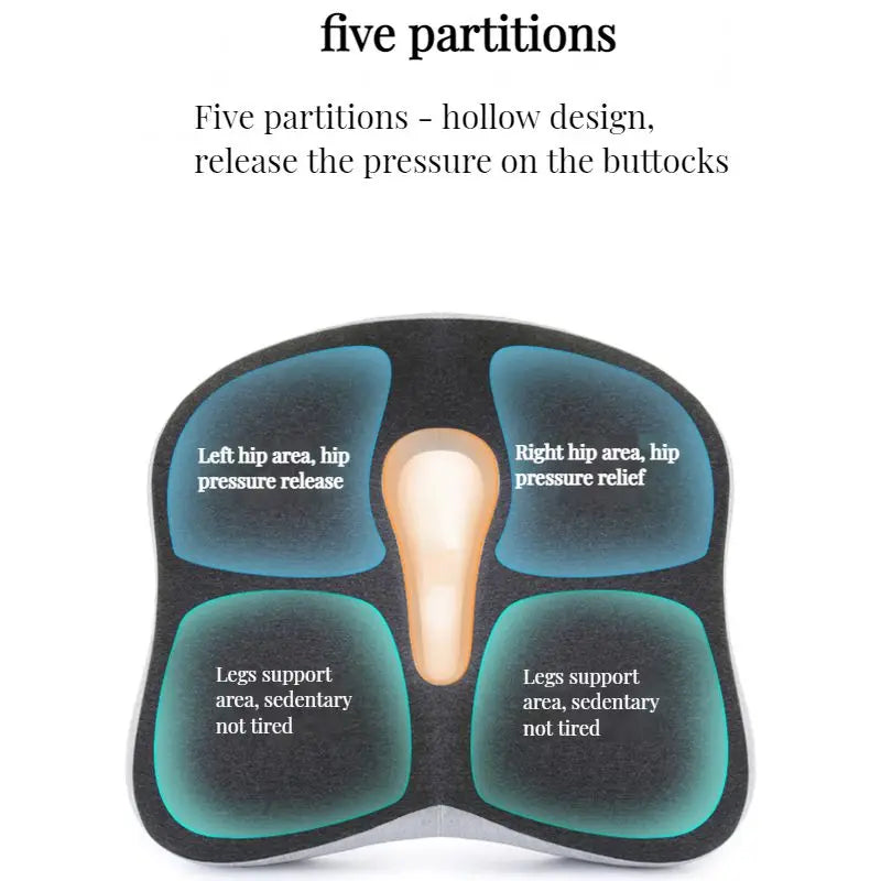 Ergonomic memory foam support cushion for office and car use; contoured design with removable cover for ultimate comfort.