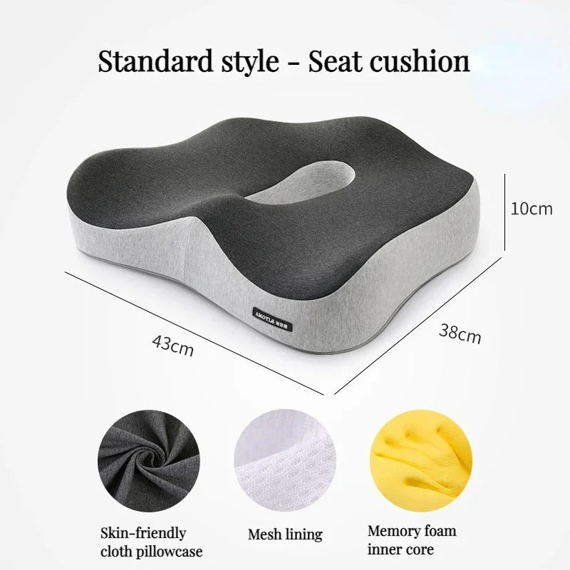 Ergonomic memory foam support cushion for office and car use; contoured design with removable cover for ultimate comfort.